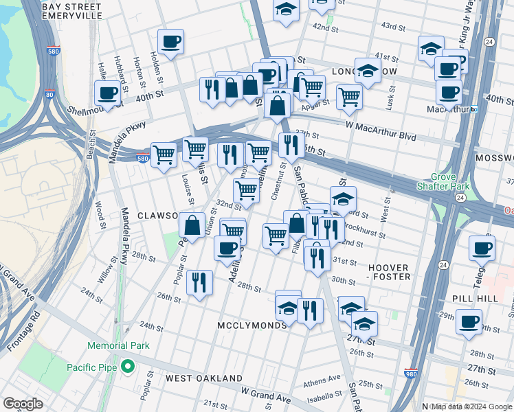 map of restaurants, bars, coffee shops, grocery stores, and more near 3212 Adeline Street in Oakland