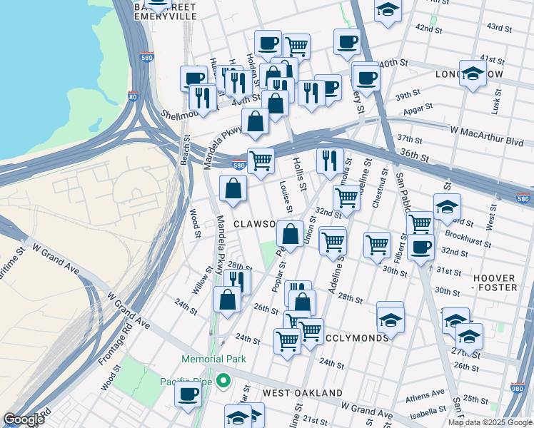 map of restaurants, bars, coffee shops, grocery stores, and more near 3217 Helen Street in Oakland