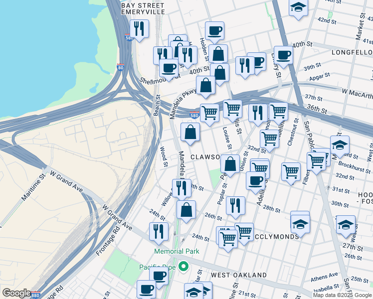 map of restaurants, bars, coffee shops, grocery stores, and more near 3235 Ettie Street in Oakland