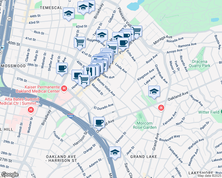 map of restaurants, bars, coffee shops, grocery stores, and more near 212 Monte Vista Avenue in Oakland