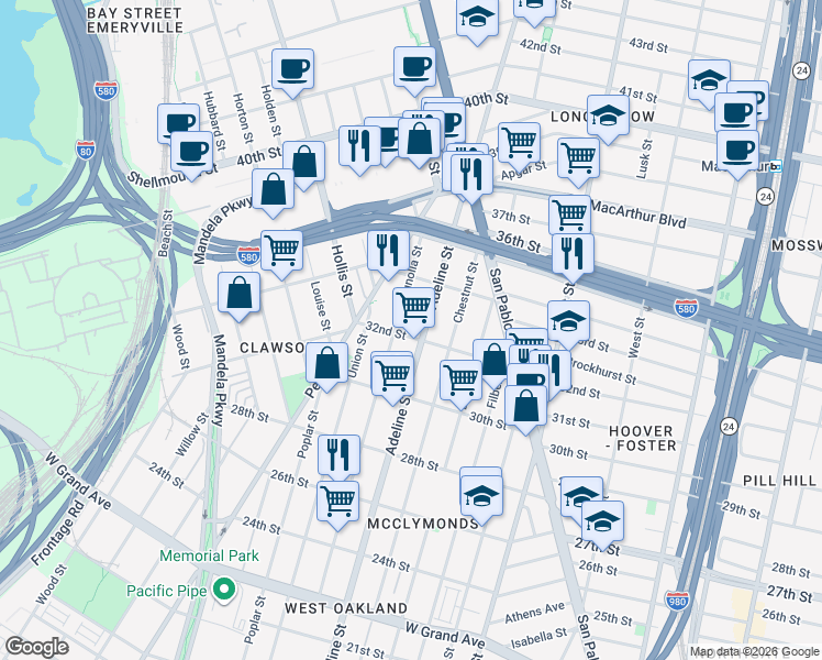 map of restaurants, bars, coffee shops, grocery stores, and more near 1162 32nd Street in Oakland