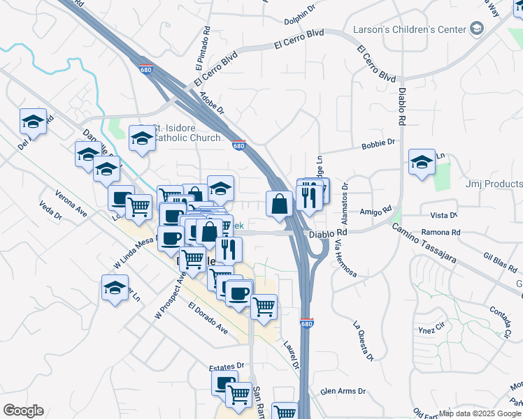 map of restaurants, bars, coffee shops, grocery stores, and more near 276 Valley Creek Lane in Danville