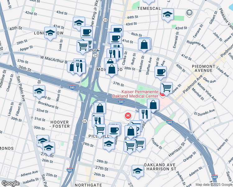 map of restaurants, bars, coffee shops, grocery stores, and more near 493 36th Street in Oakland