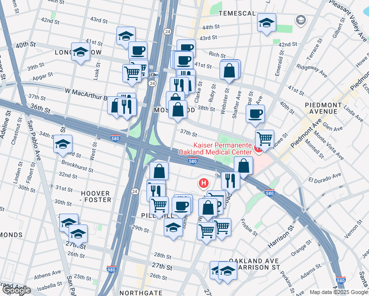 map of restaurants, bars, coffee shops, grocery stores, and more near 493 36th Street in Oakland