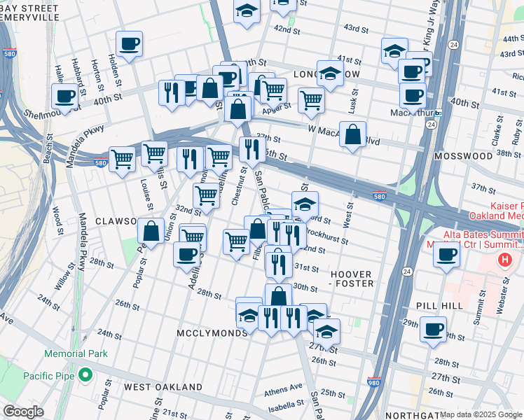 map of restaurants, bars, coffee shops, grocery stores, and more near 3236 Linden Street in Oakland