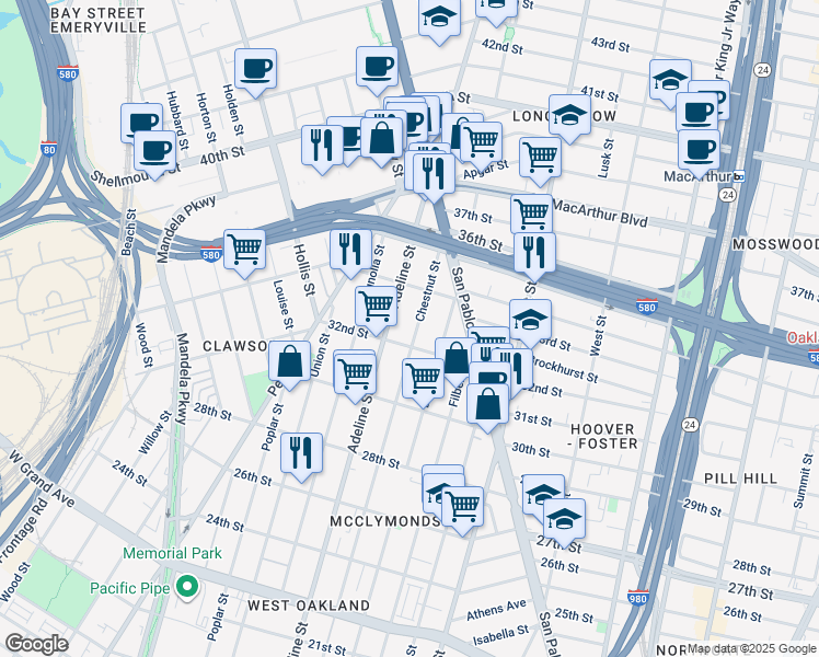 map of restaurants, bars, coffee shops, grocery stores, and more near 3225 Chestnut Street in Oakland