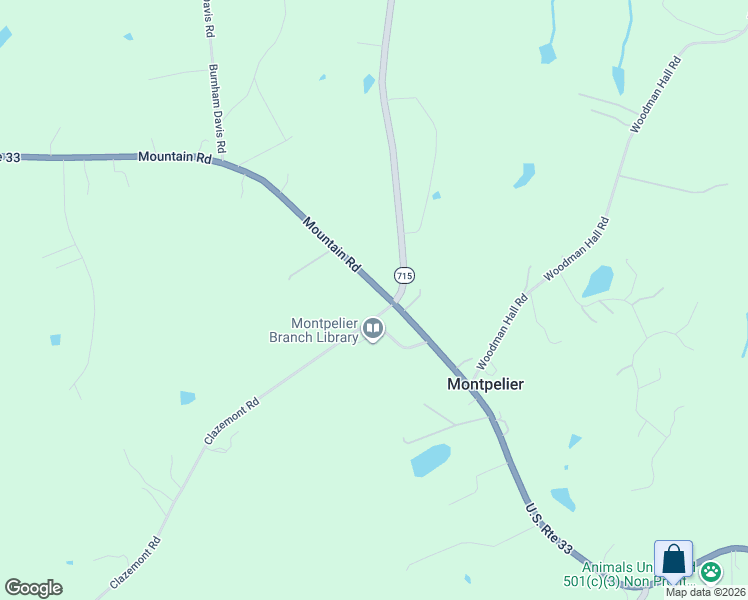 map of restaurants, bars, coffee shops, grocery stores, and more near 17229 Mountain Road in Montpelier