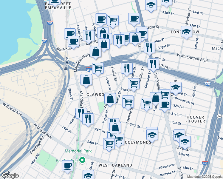 map of restaurants, bars, coffee shops, grocery stores, and more near 1446 32nd Street in Oakland