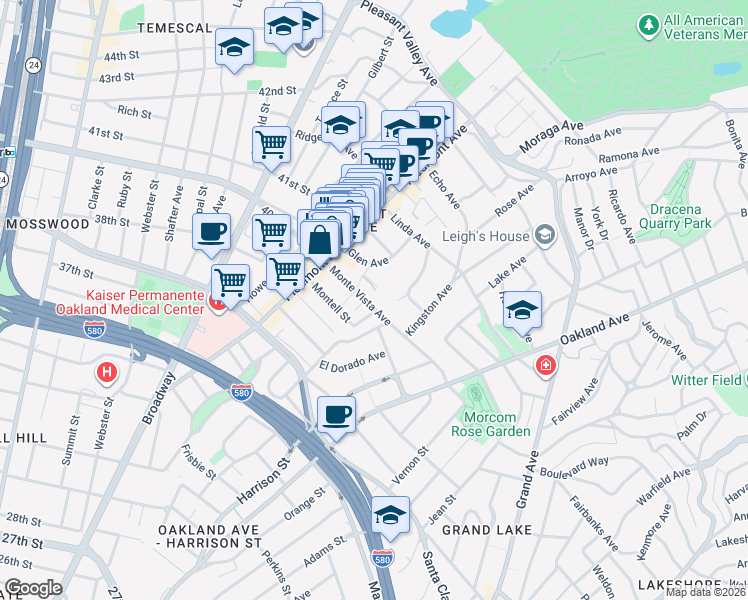 map of restaurants, bars, coffee shops, grocery stores, and more near 206 Monte Vista Avenue in Oakland