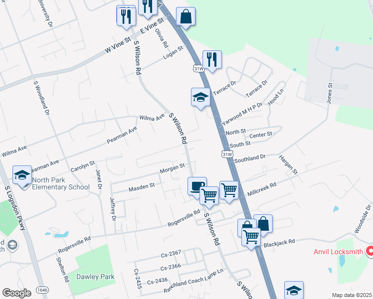 map of restaurants, bars, coffee shops, grocery stores, and more near 1285 S Wilson Rd in Radcliff