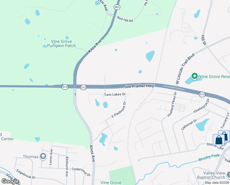 map of restaurants, bars, coffee shops, grocery stores, and more near 181 Twin Lakes Drive in Vine Grove