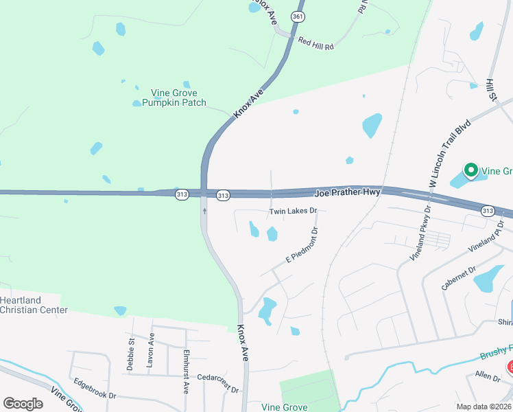 map of restaurants, bars, coffee shops, grocery stores, and more near 159 Twin Lakes Drive in Vine Grove