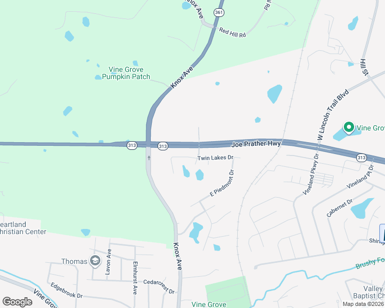 map of restaurants, bars, coffee shops, grocery stores, and more near 161 Twin Lakes Drive in Vine Grove