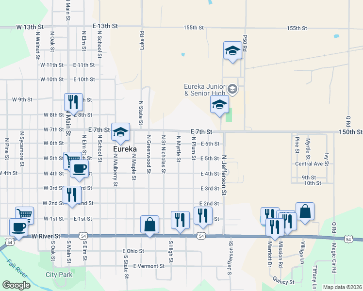 map of restaurants, bars, coffee shops, grocery stores, and more near 801 East 6th Street in Eureka