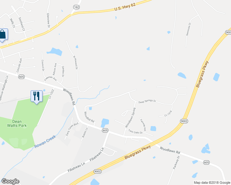 map of restaurants, bars, coffee shops, grocery stores, and more near 132 Woodhill Road in Bardstown