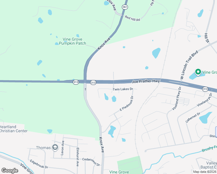 map of restaurants, bars, coffee shops, grocery stores, and more near 157 Twin Lakes Drive in Vine Grove