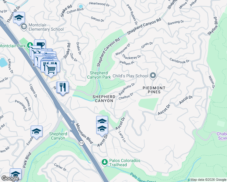 map of restaurants, bars, coffee shops, grocery stores, and more near 5879 Scarborough Drive in Oakland