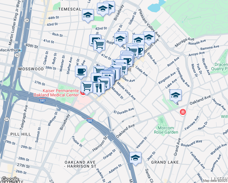 map of restaurants, bars, coffee shops, grocery stores, and more near 17 Rio Vista Avenue in Oakland