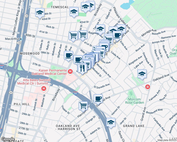 map of restaurants, bars, coffee shops, grocery stores, and more near 17 Rio Vista Avenue in Oakland