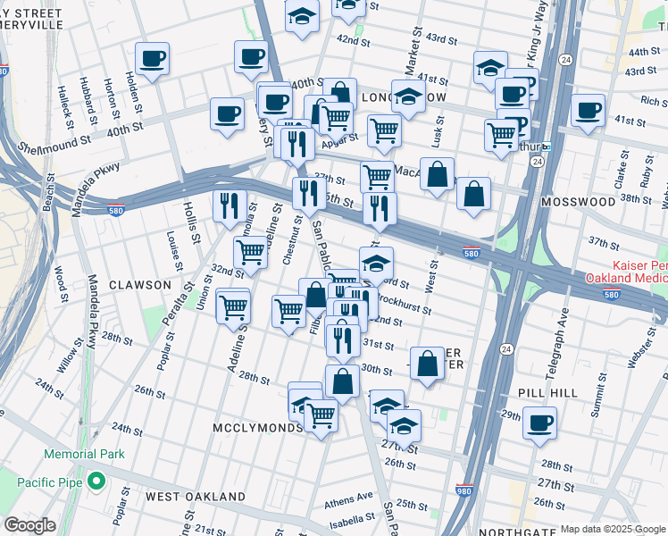 map of restaurants, bars, coffee shops, grocery stores, and more near 943 33rd Street in Oakland