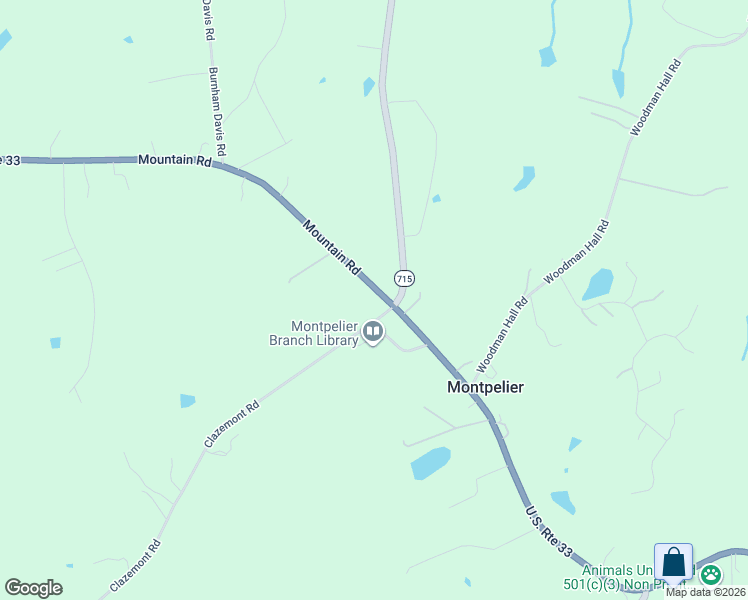 map of restaurants, bars, coffee shops, grocery stores, and more near 17229 Mountain Road in Montpelier