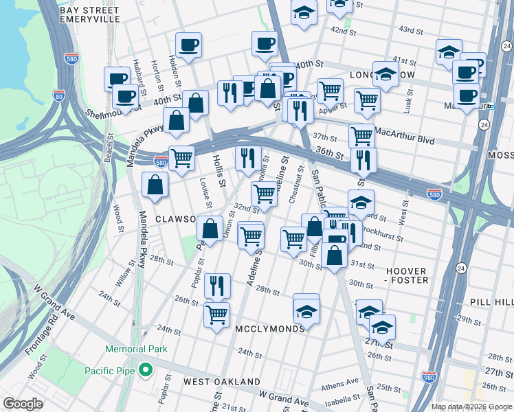map of restaurants, bars, coffee shops, grocery stores, and more near 3212 Magnolia Street in Oakland