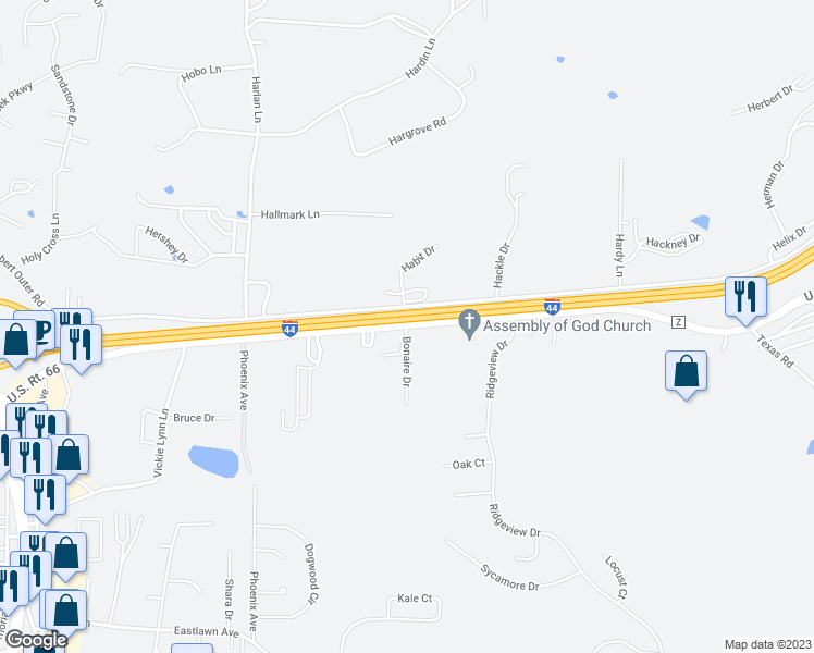 map of restaurants, bars, coffee shops, grocery stores, and more near 803 State Highway Z in Saint Robert