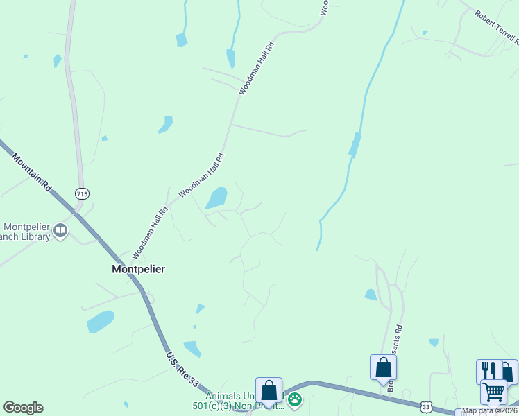 map of restaurants, bars, coffee shops, grocery stores, and more near 15242 Indian Springs Lane in Montpelier