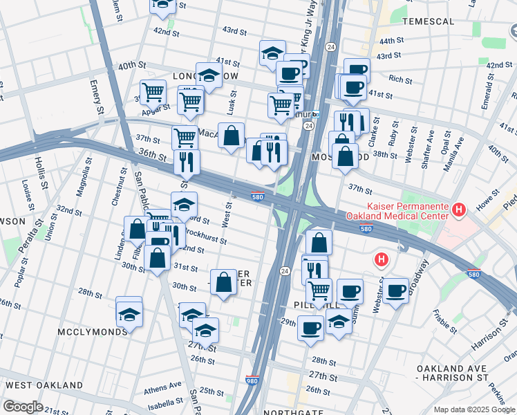 map of restaurants, bars, coffee shops, grocery stores, and more near 667 35th Street in Oakland