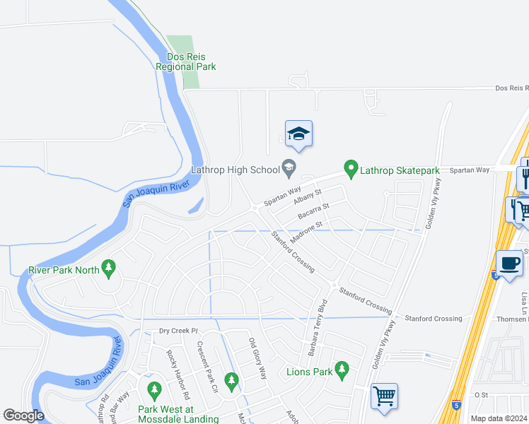 map of restaurants, bars, coffee shops, grocery stores, and more near 780 Chimes Street in Lathrop