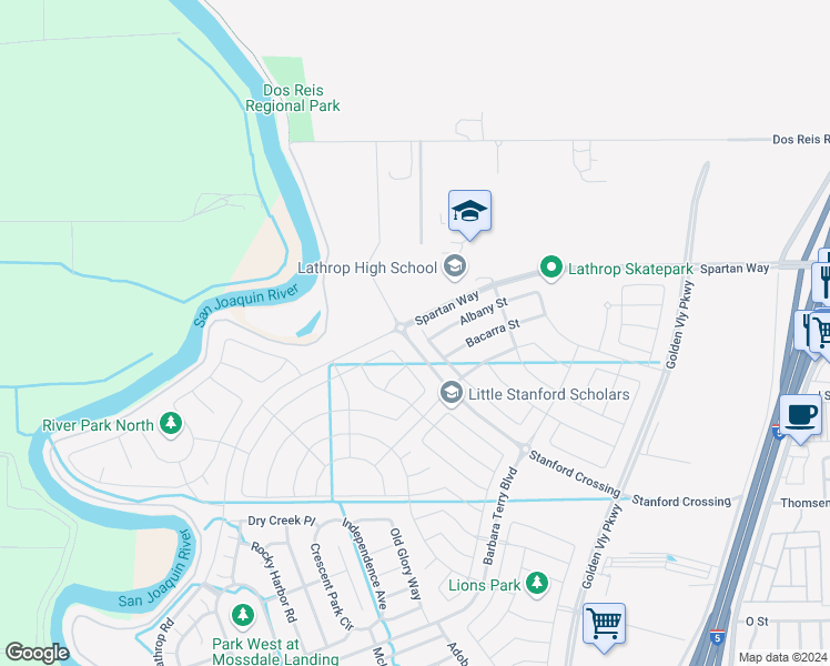 map of restaurants, bars, coffee shops, grocery stores, and more near 780 Chimes Street in Lathrop