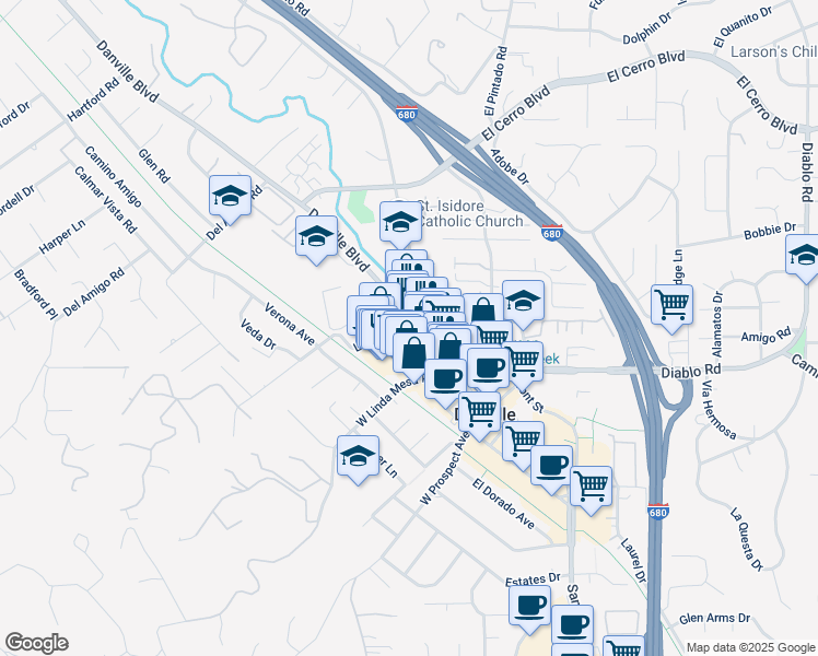 map of restaurants, bars, coffee shops, grocery stores, and more near 151 Hartz Avenue in Danville