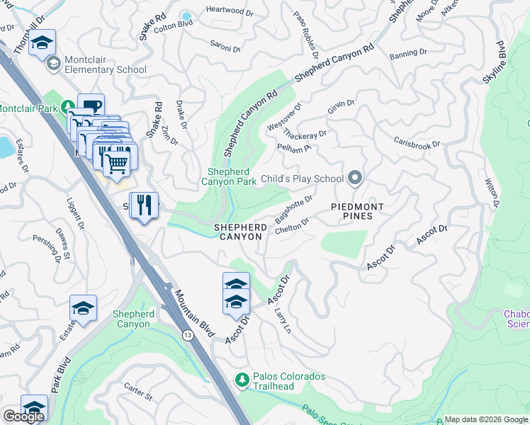 map of restaurants, bars, coffee shops, grocery stores, and more near 5879 Scarborough Drive in Oakland