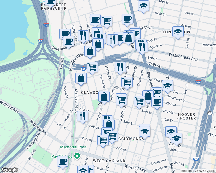 map of restaurants, bars, coffee shops, grocery stores, and more near 1448 32nd Street in Oakland