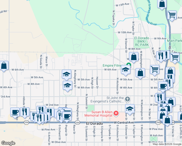 map of restaurants, bars, coffee shops, grocery stores, and more near 614 North High Street in El Dorado