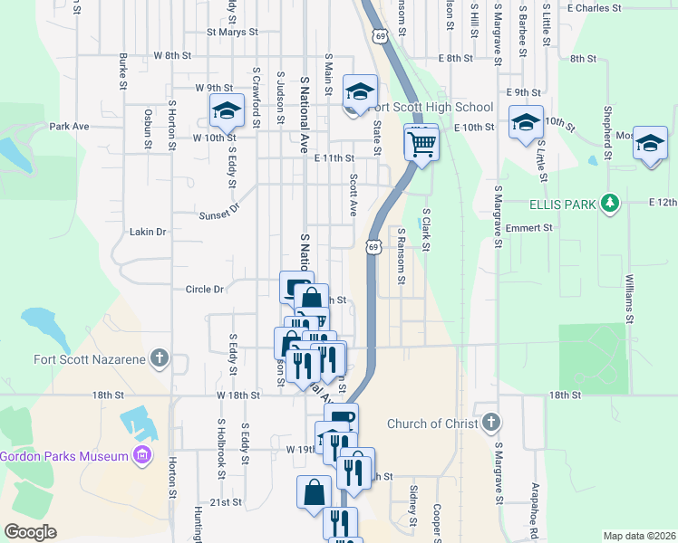 map of restaurants, bars, coffee shops, grocery stores, and more near 1415 South Main Street in Fort Scott