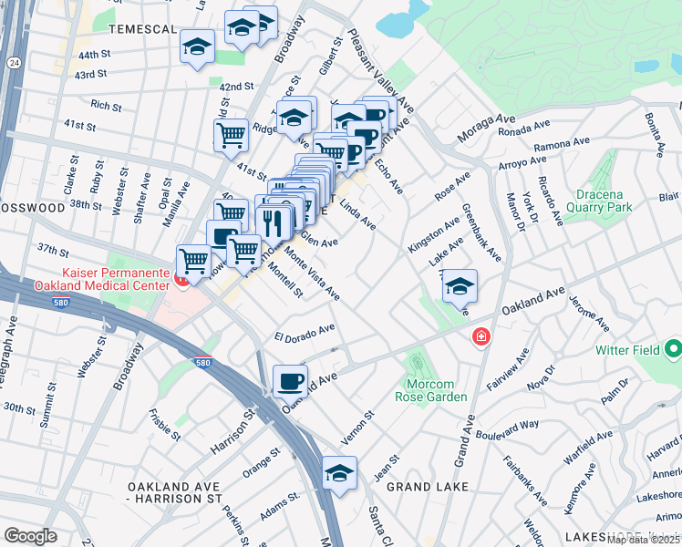 map of restaurants, bars, coffee shops, grocery stores, and more near 212 Monte Vista Avenue in Oakland
