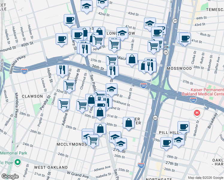 map of restaurants, bars, coffee shops, grocery stores, and more near 3316 Market Street in Oakland