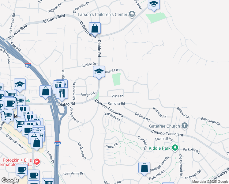 map of restaurants, bars, coffee shops, grocery stores, and more near 46 Diablo Way in Danville