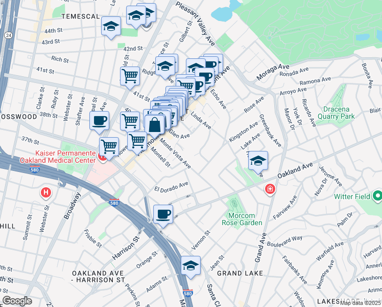 map of restaurants, bars, coffee shops, grocery stores, and more near 1 Kelton Court in Oakland