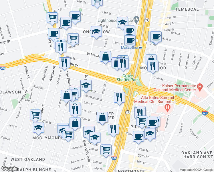 map of restaurants, bars, coffee shops, grocery stores, and more near 3418 West St in Oakland