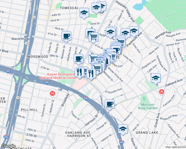 map of restaurants, bars, coffee shops, grocery stores, and more near 3768 Piedmont Avenue in Oakland