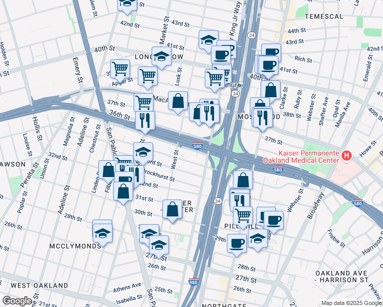 map of restaurants, bars, coffee shops, grocery stores, and more near 677 35th Street in Oakland