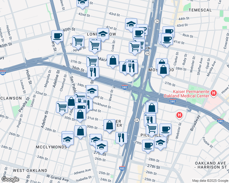 map of restaurants, bars, coffee shops, grocery stores, and more near 3418 West Street in Oakland