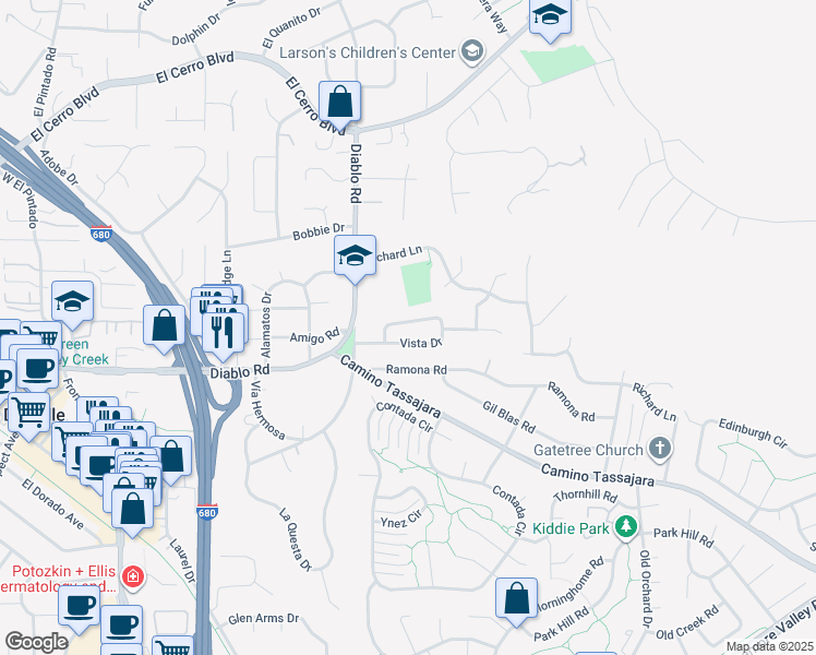 map of restaurants, bars, coffee shops, grocery stores, and more near 46 Diablo Way in Danville