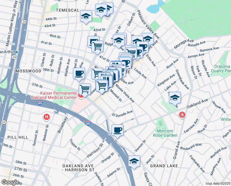 map of restaurants, bars, coffee shops, grocery stores, and more near 46 Montell Street in Oakland
