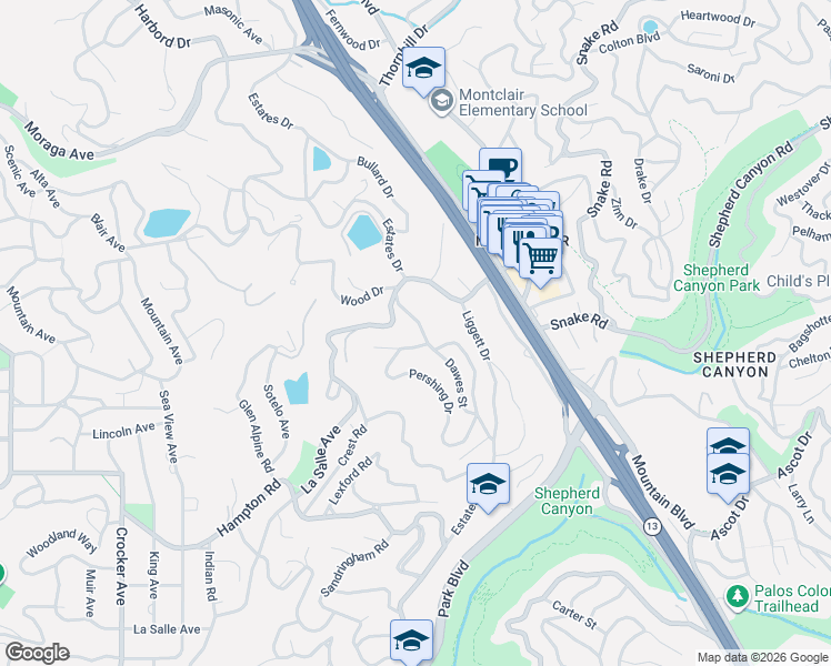 map of restaurants, bars, coffee shops, grocery stores, and more near 5 Pershing Drive in Oakland
