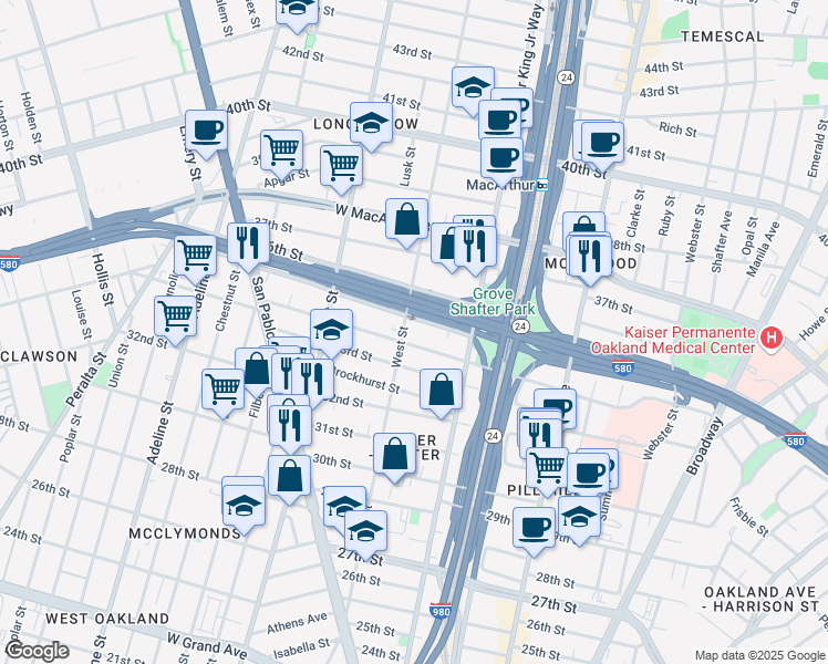 map of restaurants, bars, coffee shops, grocery stores, and more near in Oakland