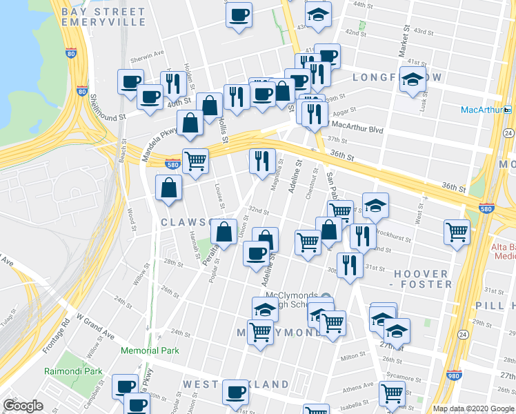 map of restaurants, bars, coffee shops, grocery stores, and more near 3140 Union Street in Oakland