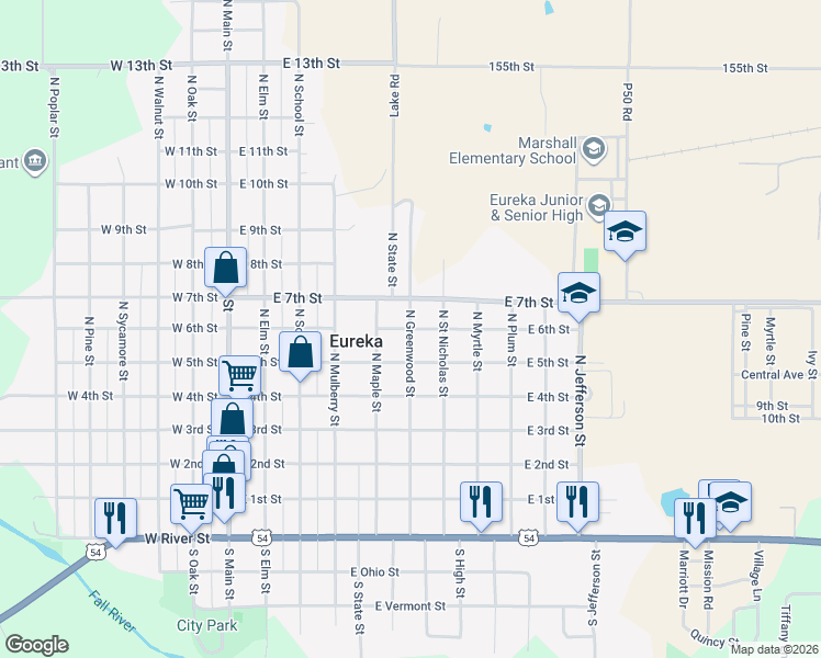 map of restaurants, bars, coffee shops, grocery stores, and more near East 6th Street in Eureka